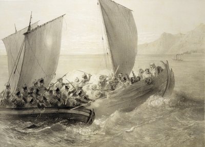 Azov Cossacks Boarding a Turkish Corsair Full of Cherkessk Women on the Coast of the Black Sea (engraved by Adolphe Bayot and Leon Sabatier) by Grigori Grigorevich Gagarin